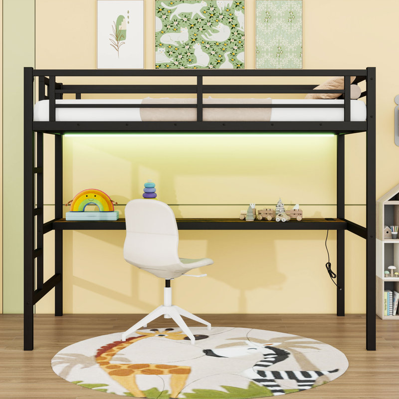 Lit mezzanine en métal avec bureau, port USB et lumières DEL, Simple très long
