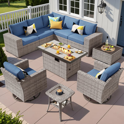 Ensemble de conversation pour 7 personnes avec chaise berçante pivotante, ensemble de conversation modulaire en rotin et osier avec coussins, ensemble de conversation pour canapé toutes saisons avec foyer pour table de jardin	