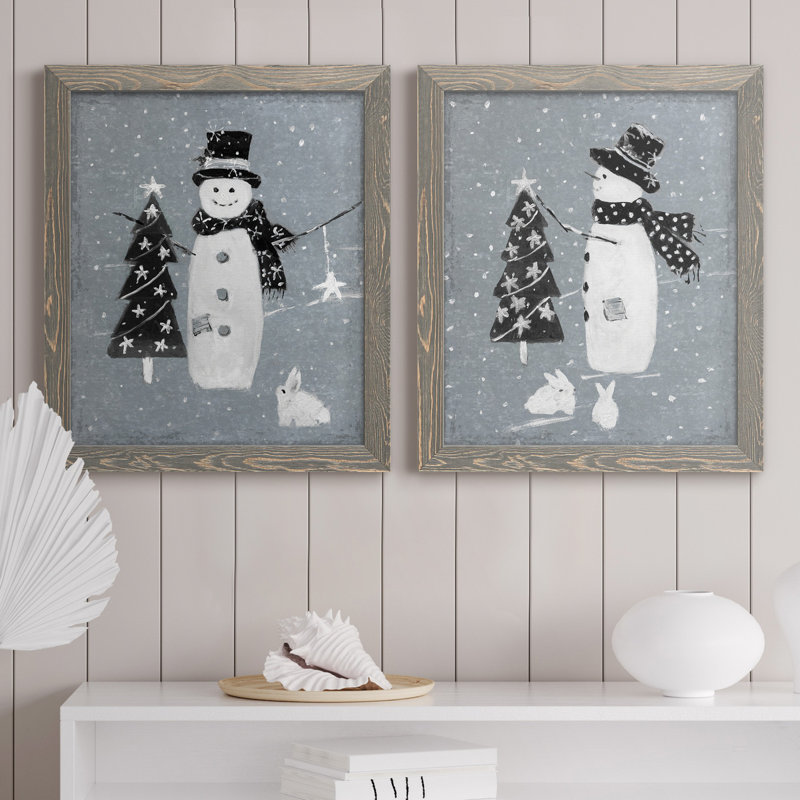 «Snowman Galvanized I», ensemble de 2 reproductions, Pas de tapis, H 24 po x l 36 po x P 1,5 po, Toile avec cadre gris