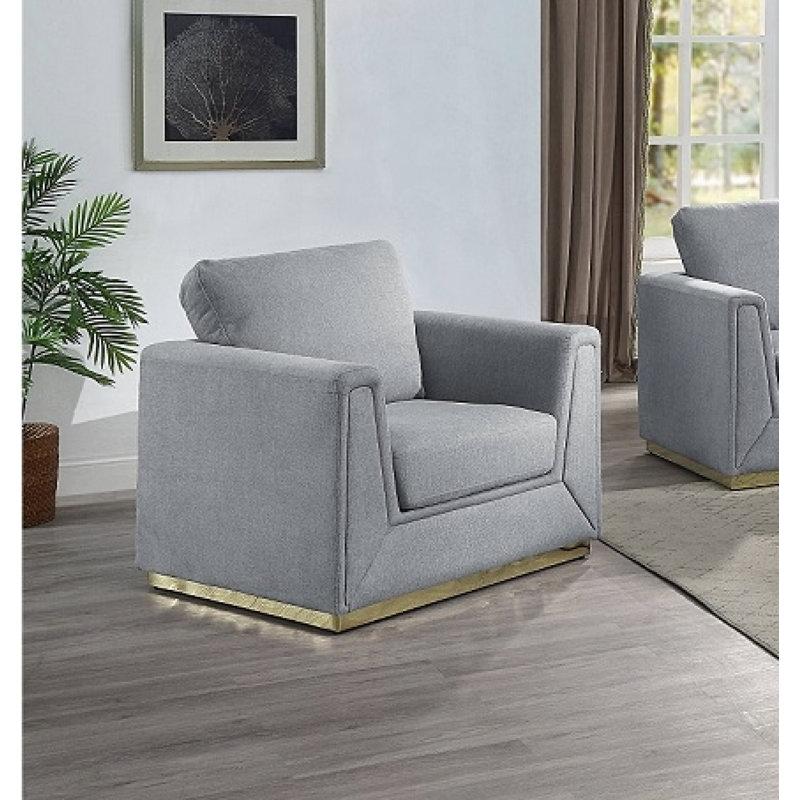 Gray Linen Barrel Accent Chair with Wooden Frame