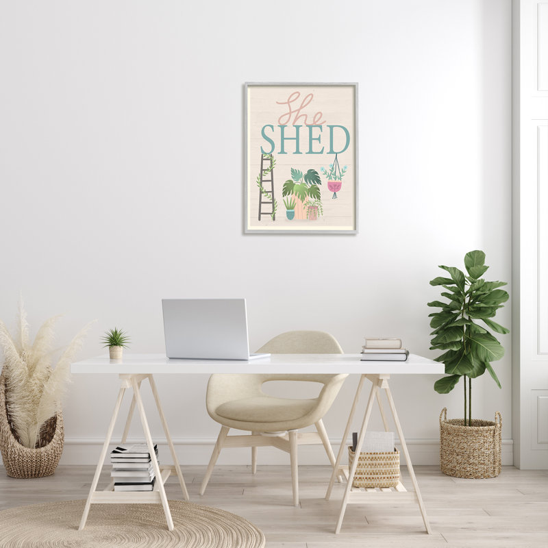 She Shed Sign, Tropical Plants Ladder And Green Vines par - Art textuel, H 30 po x l 24 po x P 4 po, Cadre gris