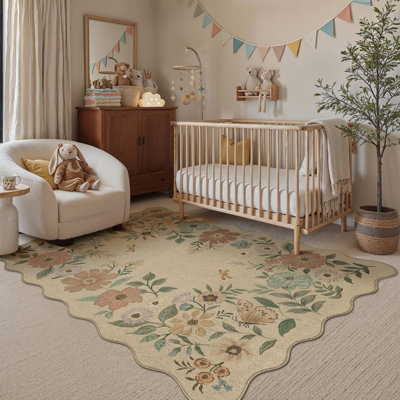 Botanical Floral Faux Linen Machine Washable Area Rug With Non-Slip Backing And Scalloped Edge