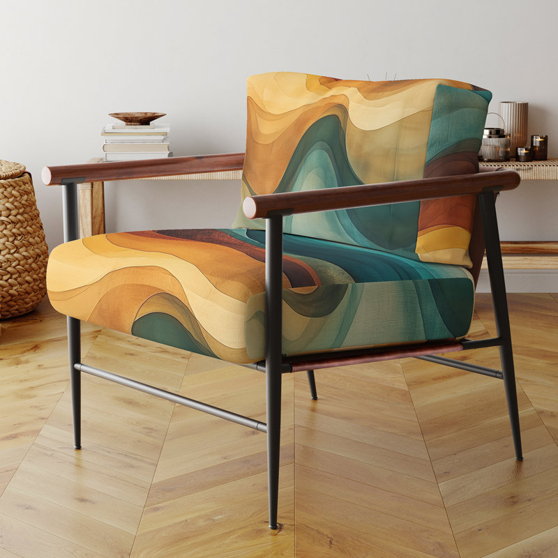 Chaise d'appoint abstraite - Vagues de turquoise et fauteuil brun, Brown Round Arms