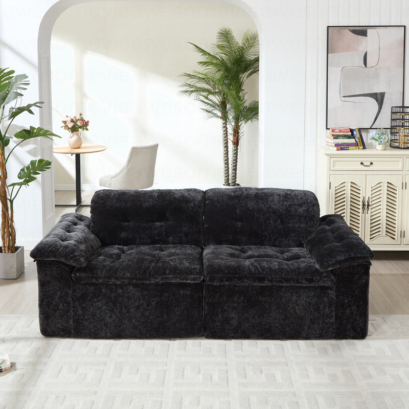 Ensemble de canapé-lit coussiné, canapé-lit modulaire en forme de L, avec repose-pieds réglable, Chenille noir