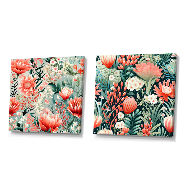 Natalina - Ensemble de 2 collages floraux carrés, H 16 po x l 33 po, Toile tendue