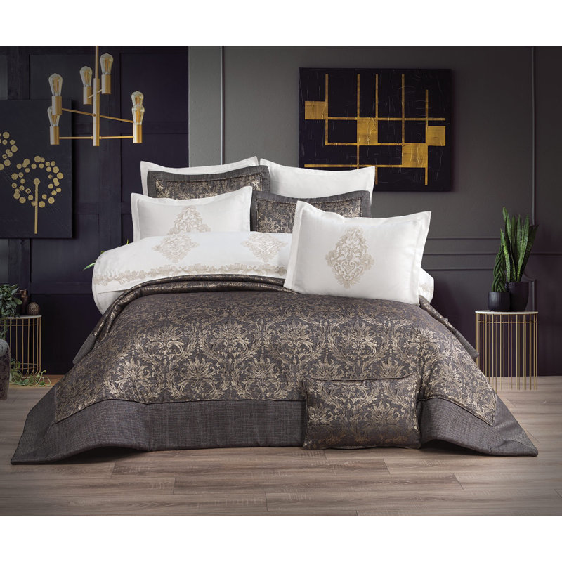 Ensemble de couvre-lit en polyester, Couvre-lit très grand / 5 pièces supplémentaire, Gris / damas doré