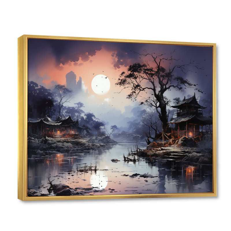 Vietnam, paysage de sérénade au clair de lune II sur toile, Cadre flottant doré, H 30 po x l 40 po x P 1,5 po