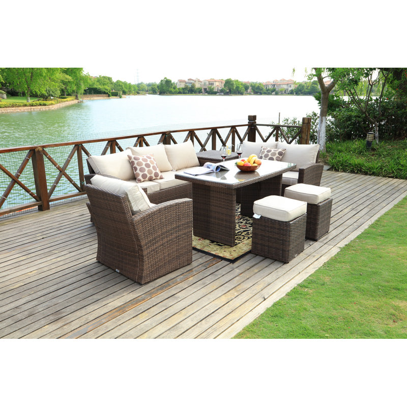 Ensemble de conversation avec canapé en rotin 6 pièces avec coussins Kirkpatrick, Beige