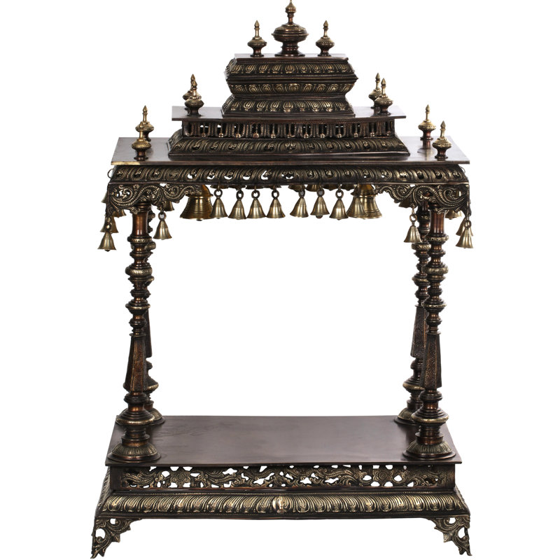 Burnished Brass Puja Temple, 36-Inch Hand-Carved Shrine with Stupas & Bells