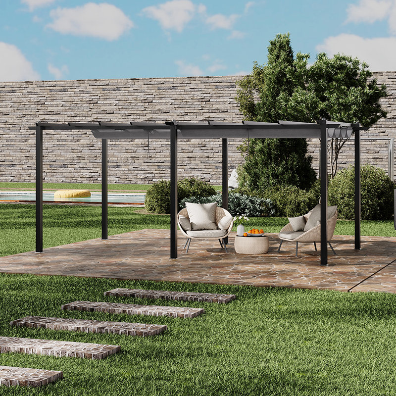 10x20ft Aluminium Pergola with Retractable Roof, 228cm H x 600cm W x 300cm D, Black