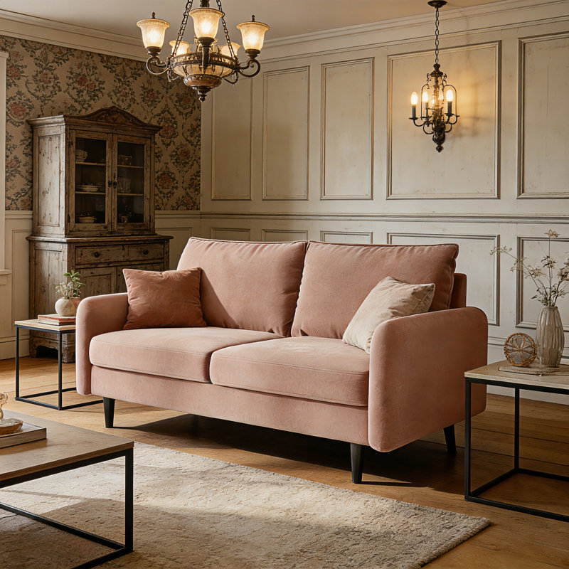 56.3" Velvet Spring-Padded Loveseat Comfort Sofas, Pink