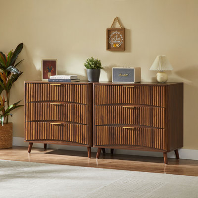 Fluted 3 Drawer Dresser Set of 2, Mid-Century Modern Tall Chest of Drawers with Vertical Grooved Design, Solid Wood Storage Cabinet with Metal Handles