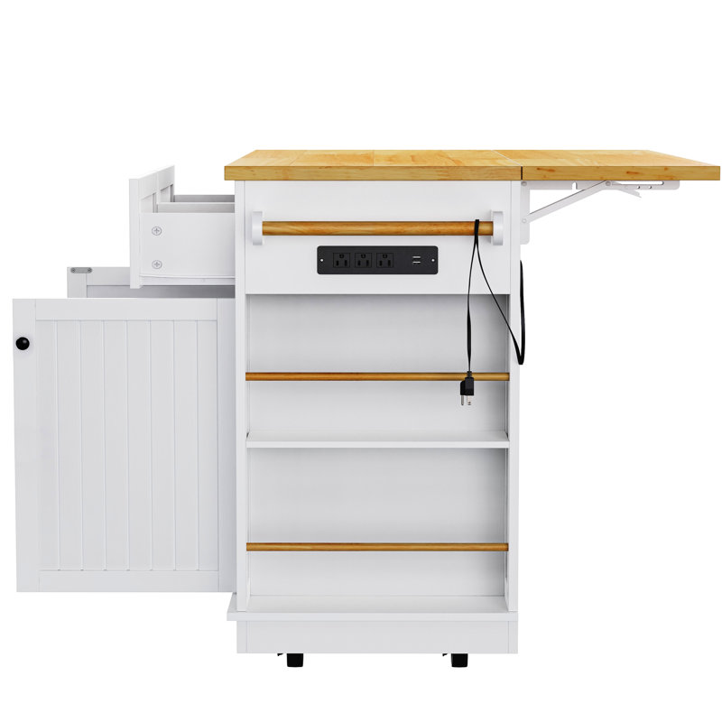 Grand îlot de cuisine avec espace de rangement interne, prise de courant, 5 roulettes, 2 tiroirs, tablettes réglables, rangement blanc de 48 po, entrée, mobilité, finition