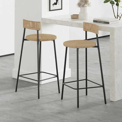 Tabourets de bar tissés à la main avec dossier, ensemble de 2 tabourets ronds en corde de papier avec repose-pieds pour îlot de cuisine et salle à manger (table non incluse)