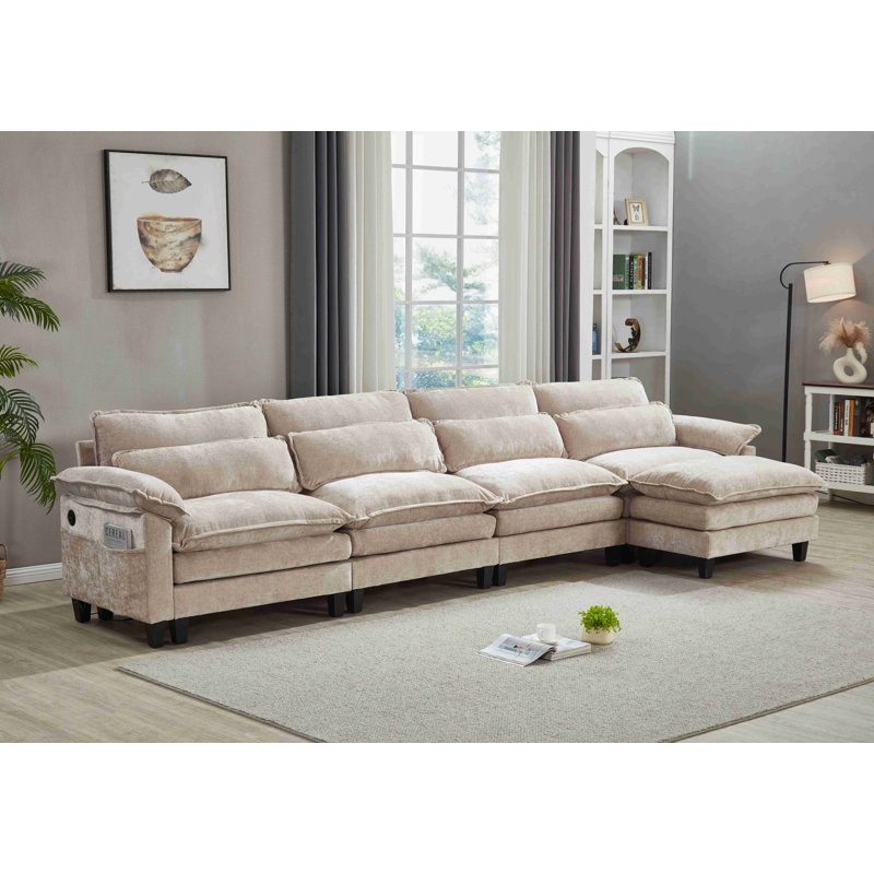 Canapé modulaire en L avec repose-pieds Luqi, Chenille clair chameau, H 35,8 po x l 150,4 po x P 52,4 po