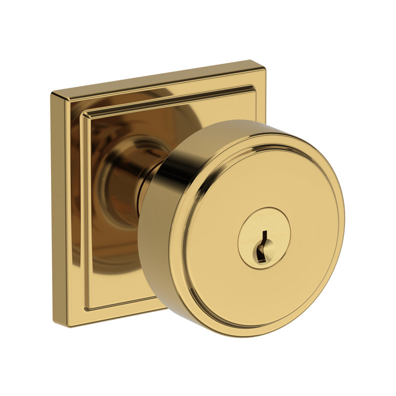 Vashon Keyed Entry Knob with Stepped Square Rose in Lifetime (PVD) Satin Brass, Polished Brass