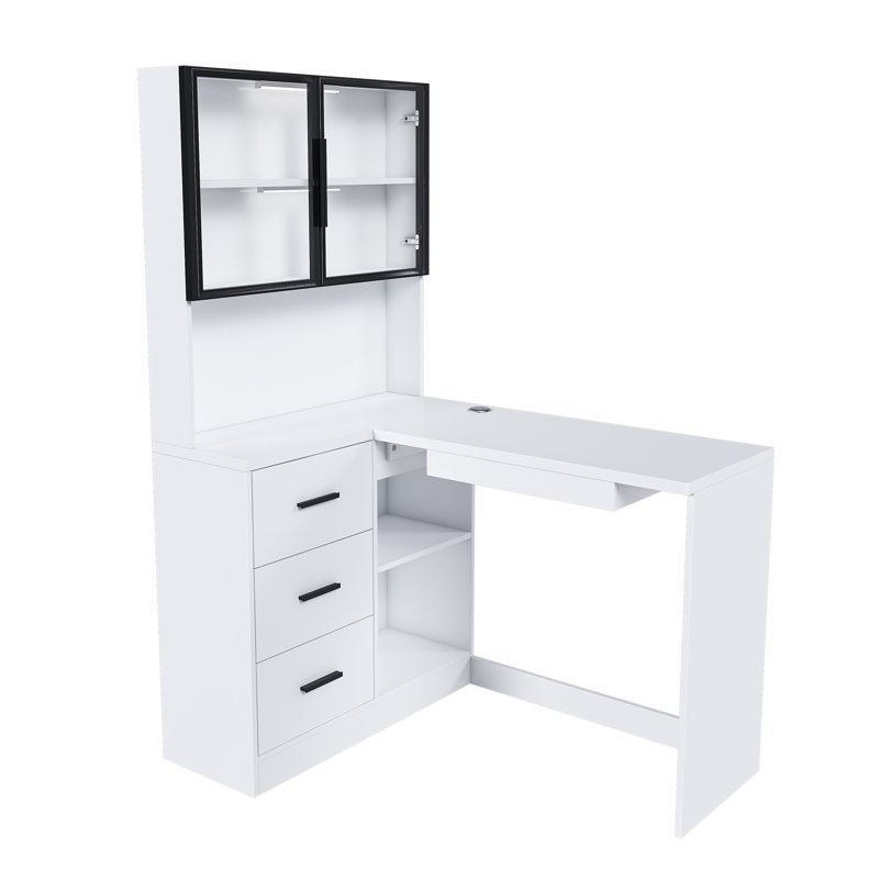 Bureau d'ordinateur avec armoires en verre et lumières DEL intégrées, Blanc