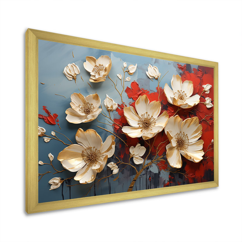 Or et pétales de tournesol beauté - Art mural floral abstrait, Cadre doré à coins fermés, H 12 po x l 20 po x P 1 po