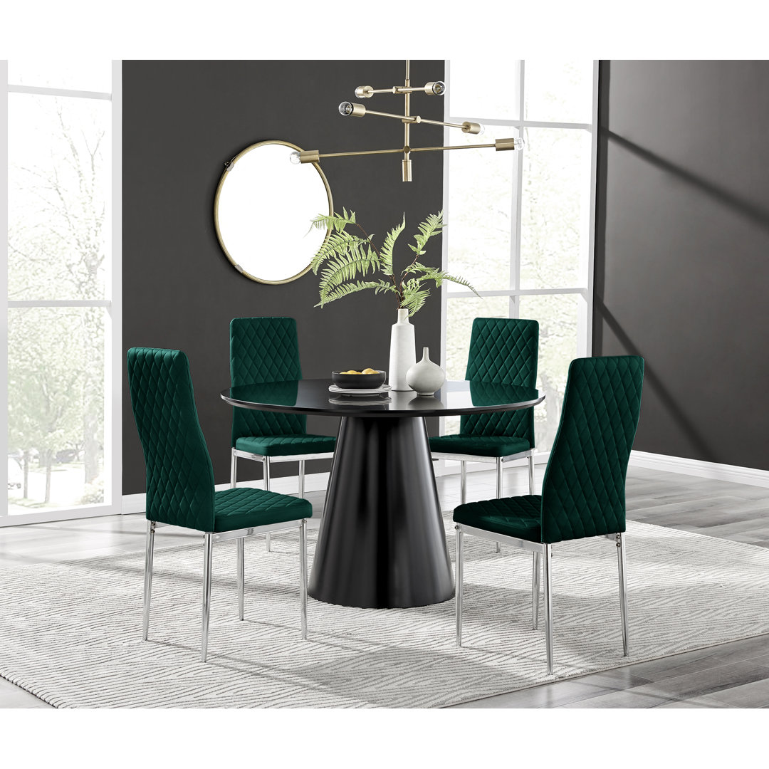 Edzard Statement Pedestal Round Dining Table Set & 4 Luxury Velvet Dining Chairs