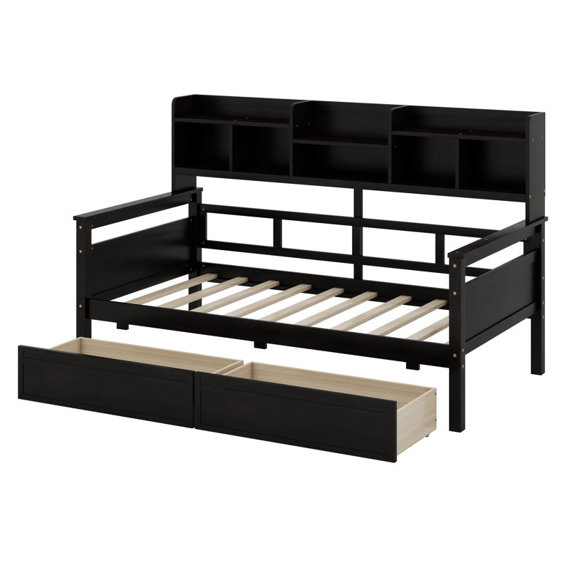 Bookcase Wood Daybed with Bedside Shelf and Two Drawers, Twin, Espresso