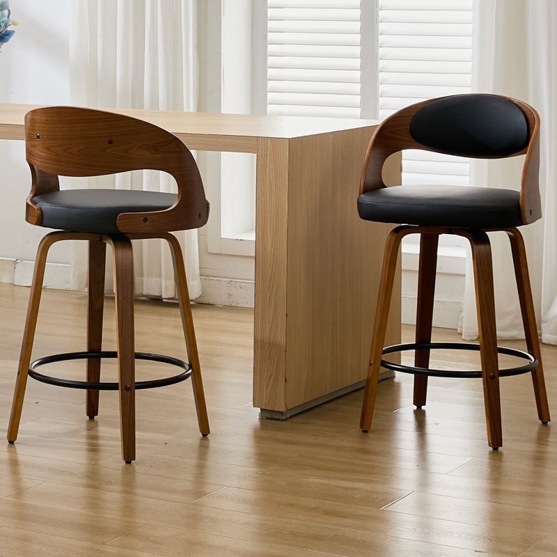 Modern Faux Leather Upholstered 30'' Swivel Wood Bar Stools, Black, Bar Stool (30" Seat Height)