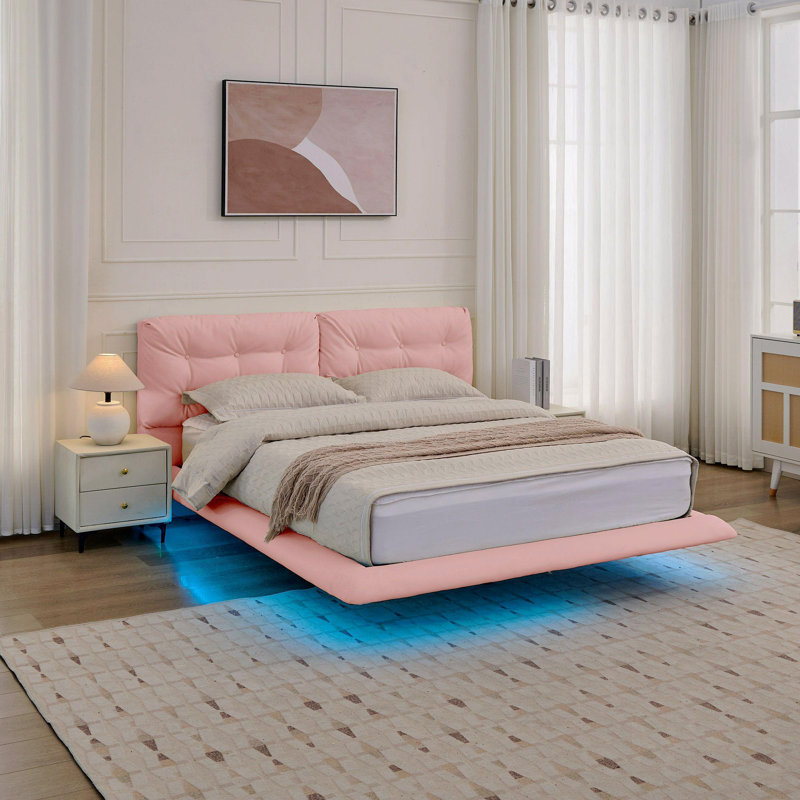 Cadre de lit flottant pour grand lit avec lumières DEL fonctionnelles, cadre de lit plateforme en cuir pu capitonné avec tête de lit, sans sommier, rose