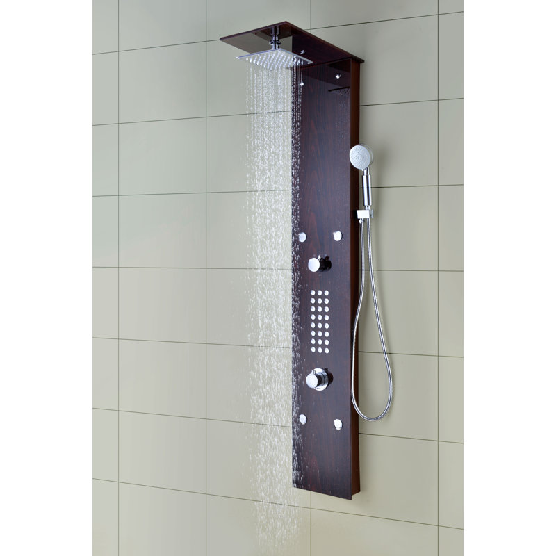 Rite 60,75 po. Panneau de douche à jets 28 corps entier avec douche à effet pluie intense et douchette en acajou de style déco