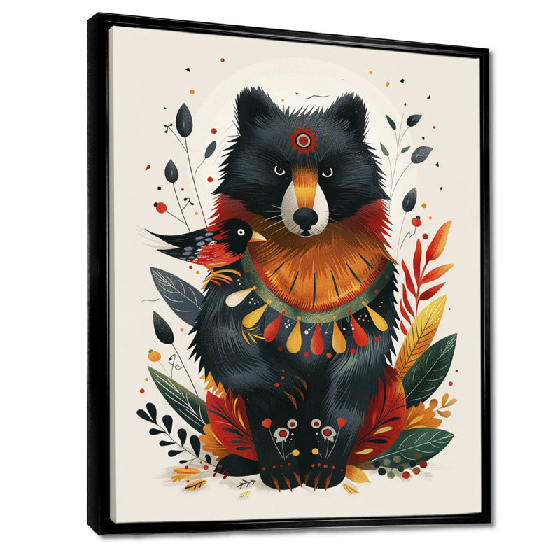 Ours noir avec petit oiseau - art mural ours, H 32 po x l 24 po x P 1 po, Toile avec cadre noir