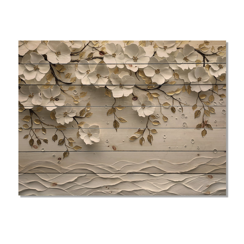 Wildflowers Golden Creamy Blossom Tree - Wildflowers Wood Wall Art - On Natural Pine Wood, 10" H x 20" W x 0.78" D