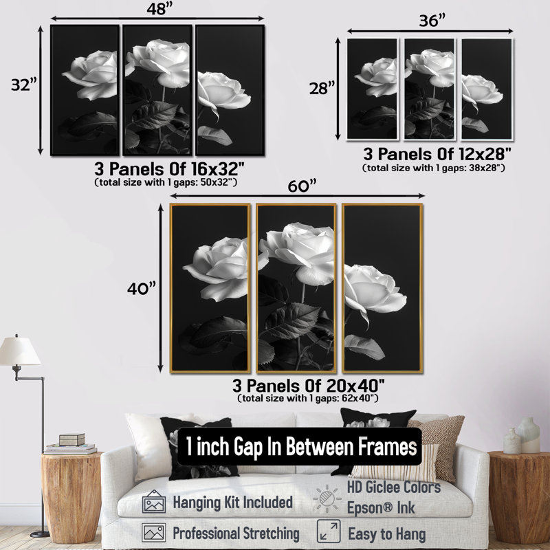 Ensemble de roses Monochromes Bloom III - Roses, H 28 po x l 36 po x P 1 po, Toile avec cadre flottant noir