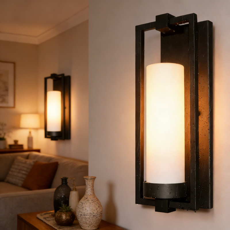 Applique murale d'extérieur moderne, paquet de 2, luminaire extérieur imperméable noir avec verre opale gravé pour porche, garage, porte et patio, base E26