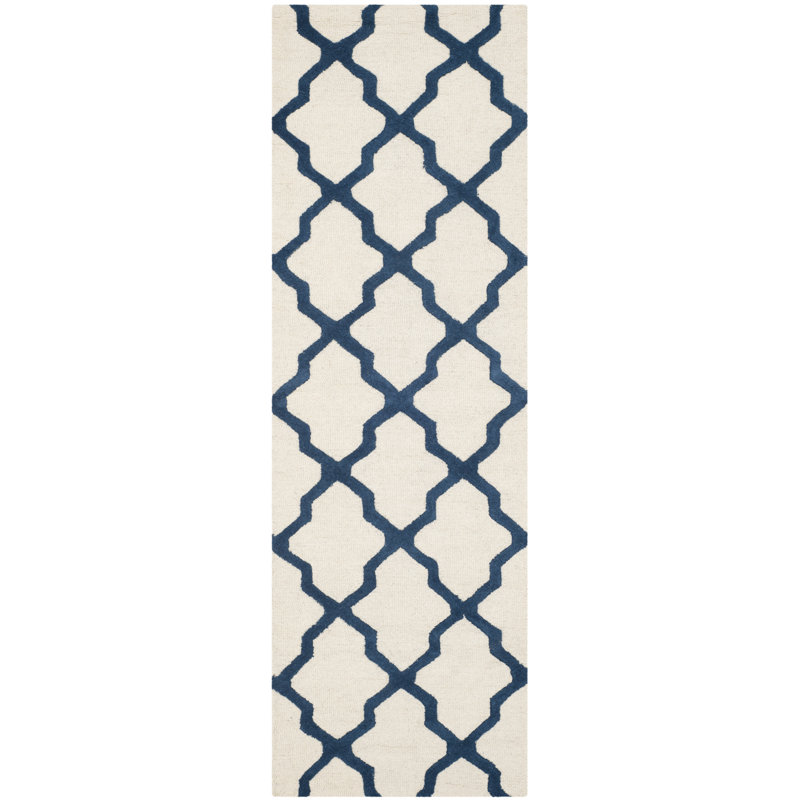 Cannen Hand Tufted Wool Geometric Rug, Runner 2'6" x 6', Ivory/Navy Blue