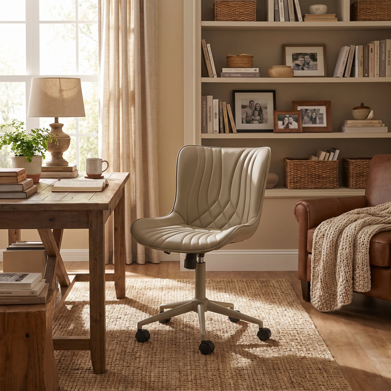 Brionni Upholstered Task Chair Swivel Executive Chair Faux Leather Home Office Chair with Wheels, Khaki Seat/ Khaki Frame