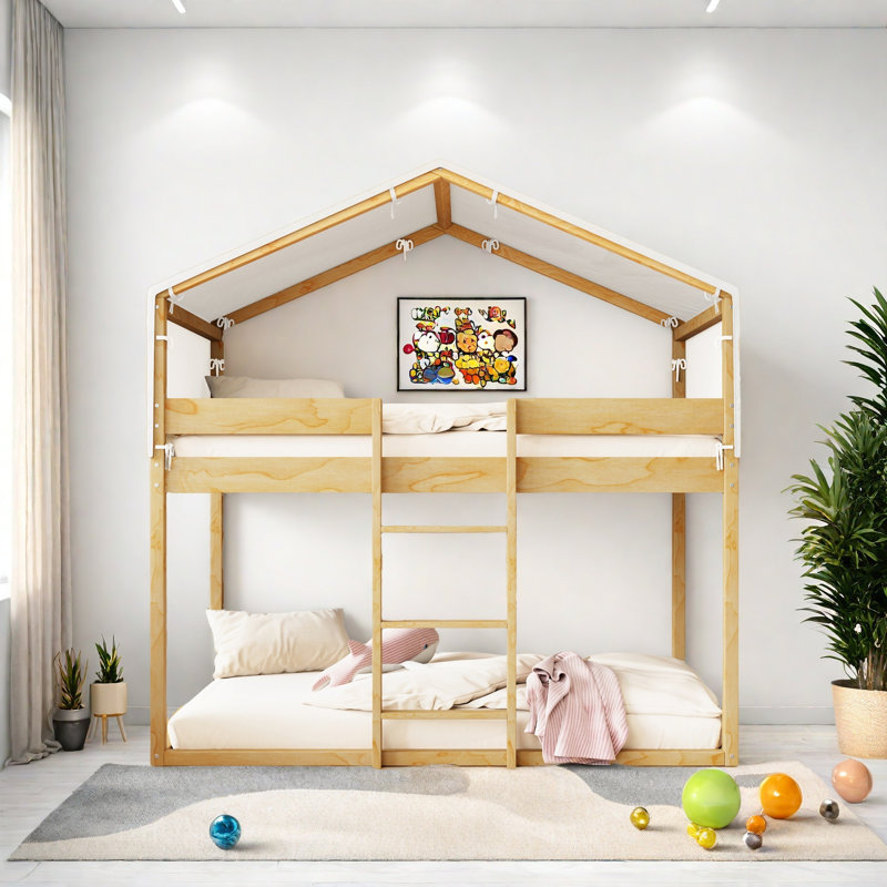 Twin Over Twin Wood Bunk Bed With Tent, Natural