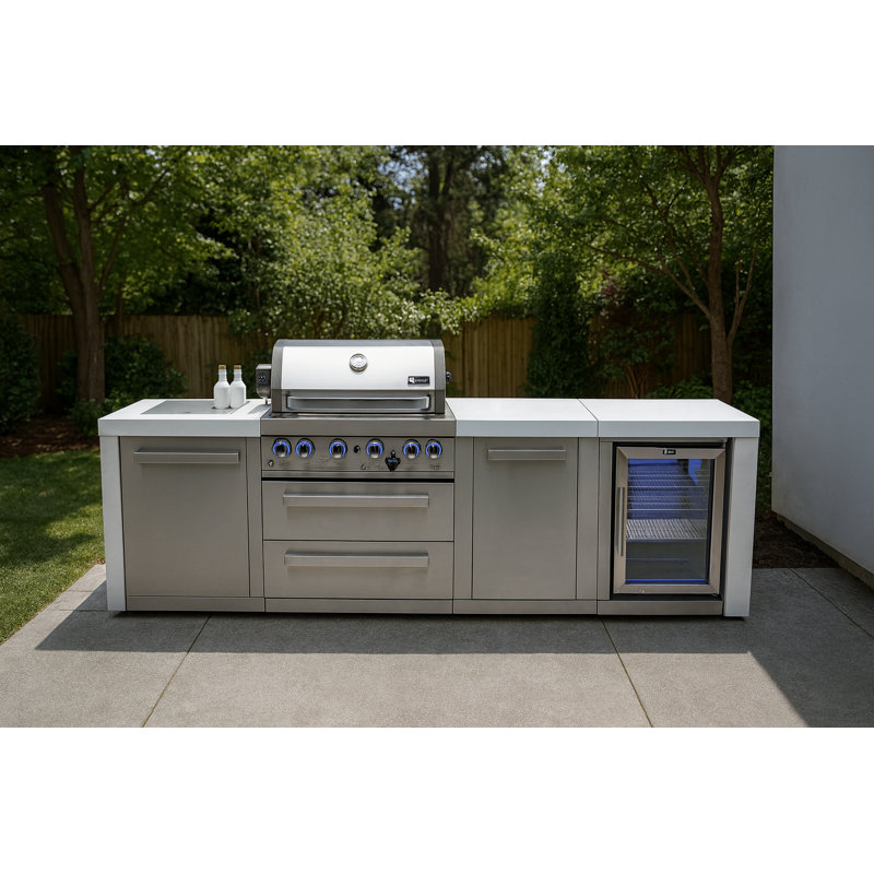 Îlot de cuisine modulaire en acier inoxydable de luxe avec réfrigérateur 107 po x l 32 po x 4 po + brûleur latéral + comptoirs en granite + armoires et tiroirs de rangement + couvercle + convertible au gaz naturel + Garantie à vie