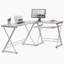 Bureau d'ordinateur en L en verre trempé avec panneau de clavier coulissant, transparent