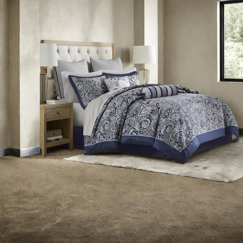 Luxurious 12 Piece Bedding Set, Polyester Jacquard, Navy Cal King
