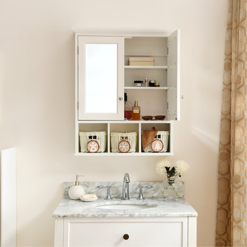 Armoire de salle de bain 2 portes avec miroir - hauteur de tablette réglable, 3 décorations de panier de décoration de Noël pour salle de bain, cuisine, tablette de salle de lavage, arbre