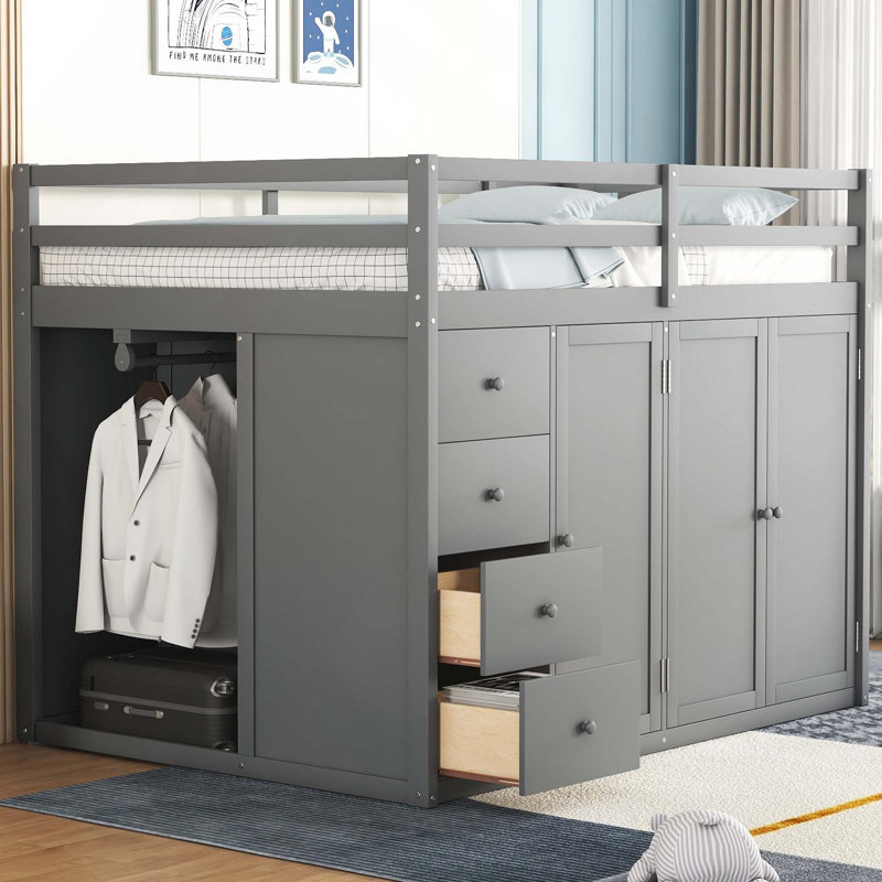 Lit mezzanine double en bois avec armoires encastrées, armoires et tiroirs de rangement, Grey