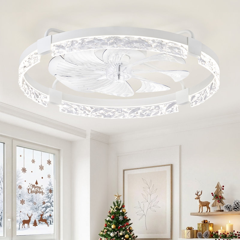  Cissline 24" Modern Flush-mount Ceiling Fan Light With Diamond-cut Crystal Edges And Curved Led For Bedrooms & Living Areas