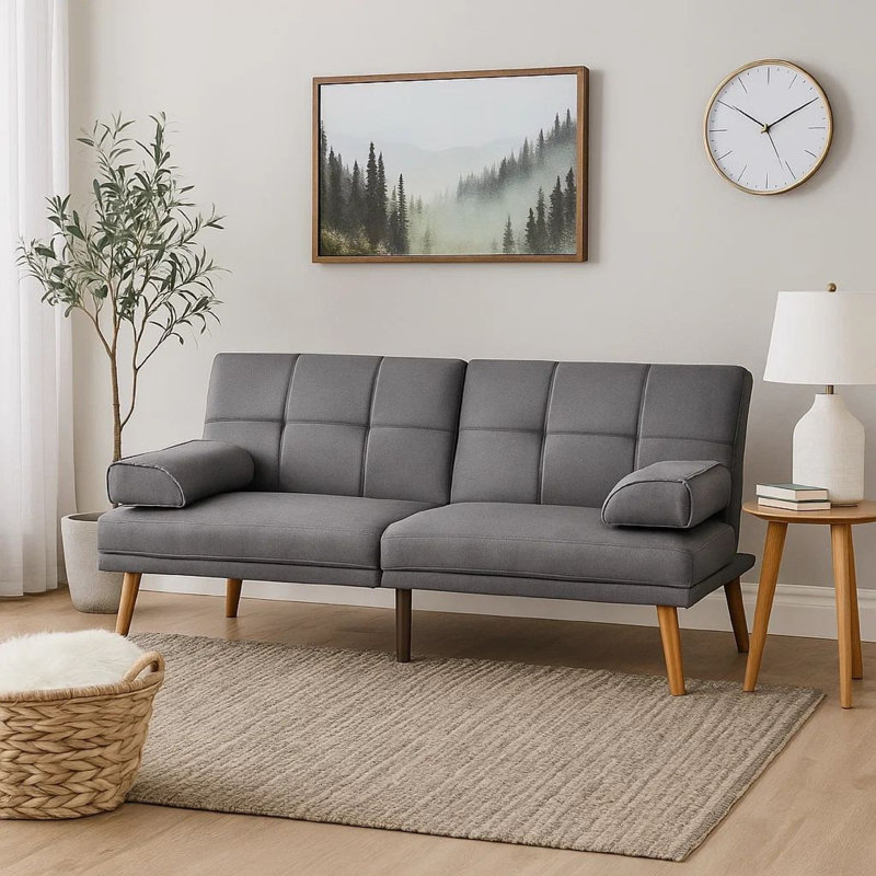 Canapé-lit futon réglable de 71 pouces Gina, capitonné, pieds fuselés, noir, Mélange de polyester gris