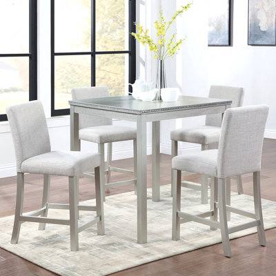 Ensemble de salle à manger 5 pièces à hauteur de comptoir: table carrée en bois et 4 chaises rembourrées, décoration en cristal