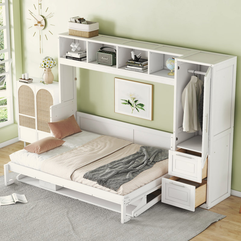 Lit escamotable mural avec placard et tiroirs Murphy, Blanc, Lit double