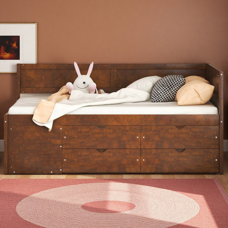 Lit de jour avec tiroirs et tablettes, Noyer, Lit simple