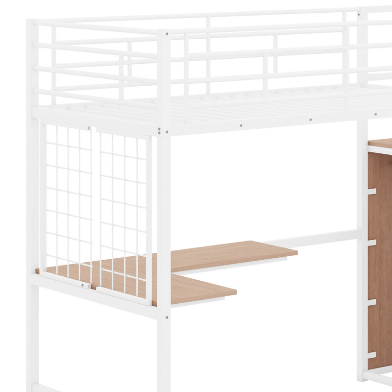  Metal Loft Bed With Desk,Metal Grid, Lateral Storage Ladder And Wardrobe, Twin, White