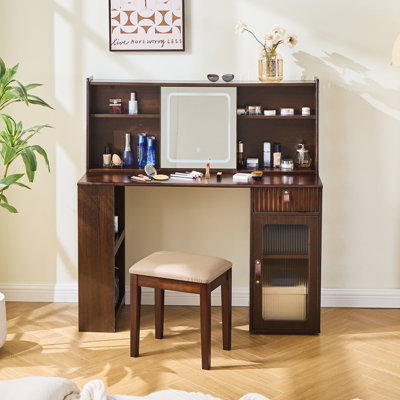 Elegant Makeup Vanity Desk With 3 Modes Adjustable Lighted Mirror,Modern Dressing Table Set With Large Shelves, Drawer And Canbinet