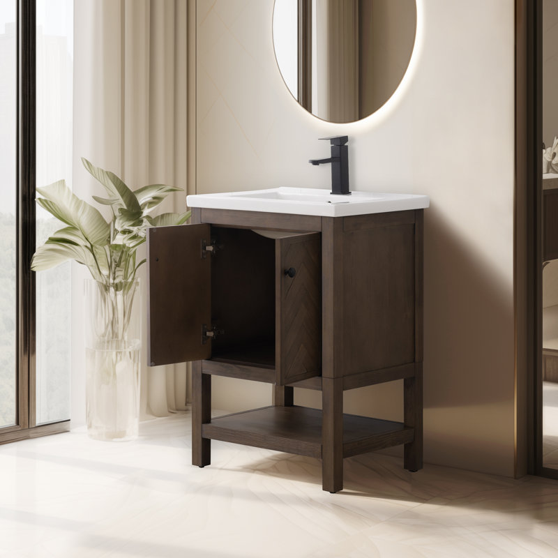 Chazden 24" Herringbone Design Single Bathroom Vanity with Ceramic Top, Blanc, Brown, Noir mat