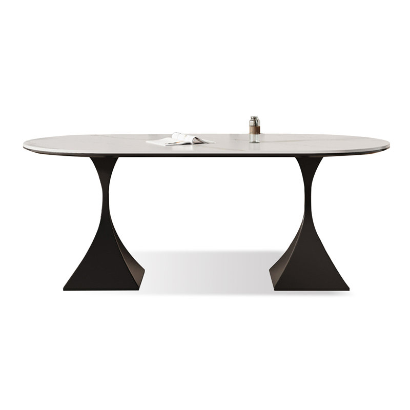 Table de salle à manger blanche et noire en pierre frittée ovale et en acier au carbone, H 29,53 po x L 63 po x l 31,5 po
