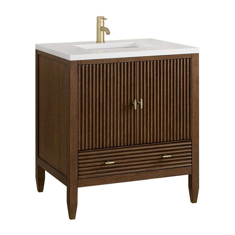 Myrrin 30" W Single Vanity, Single-Hole, White Zeus Silestone with Backsplash, Mid-Century Walnut