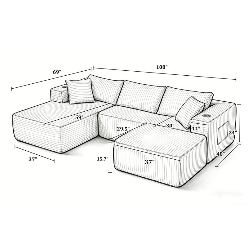 Canapé modulaire en L 108 po avec méridienne 108 po, Black Corduroy